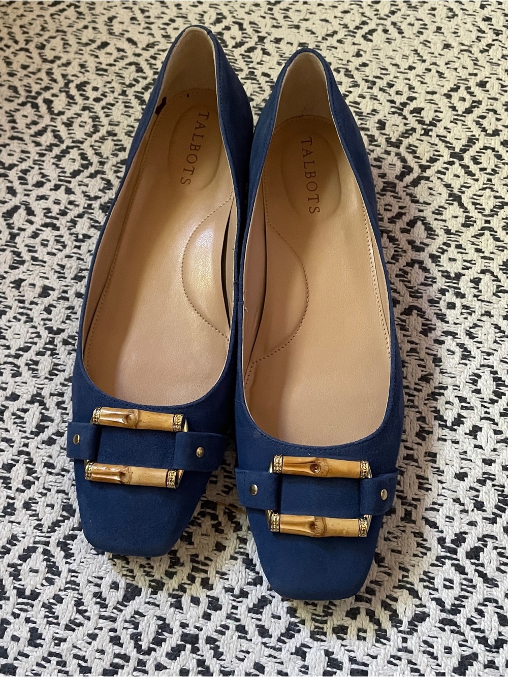 Talbots Navy Suede Ballet Flats with Gold Bamboo Trim